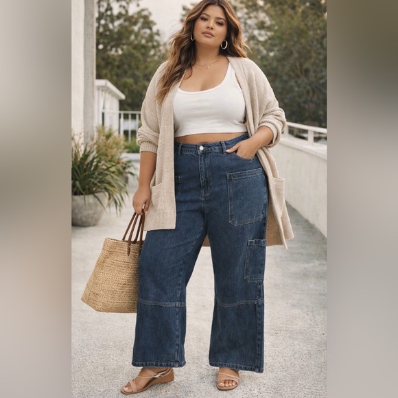 Celebrity Pink Denim - Celebrity Pink XXXL Wide Leg Utility Jeans Patch Pocket Carpenter Dark Wash Boho